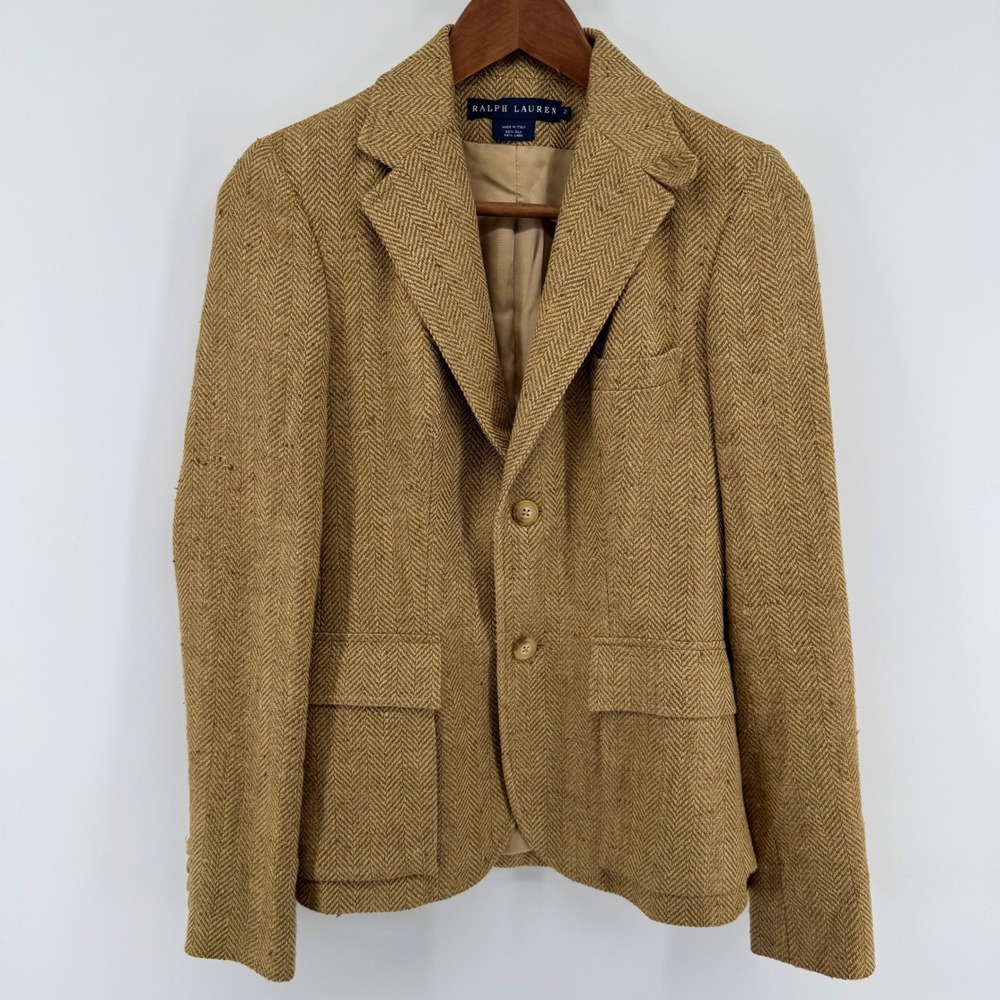 Vintage Ralph Lauren Blazer Womens 2 Tan Silk Linen Herringbone Made in Italy